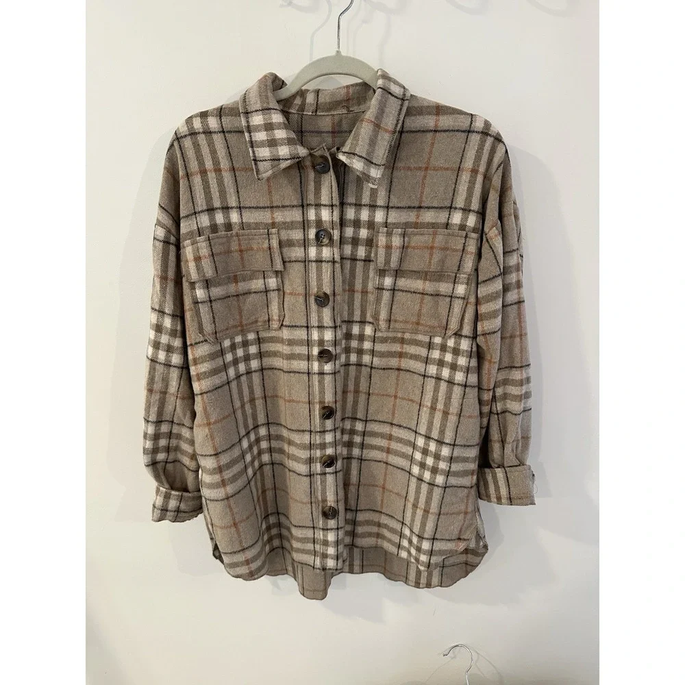 Brown Tan Plaid Flannel Button Down Women's Size Medium